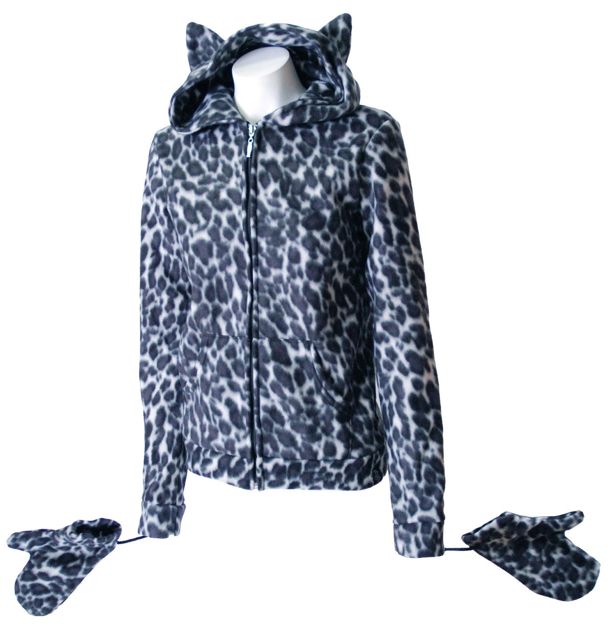 Grå fleece leopard-hettegenser