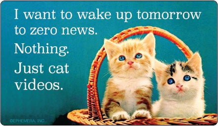 Sticker: I want to wake up tomorrow to zero news. Nothing. Just cat videos.