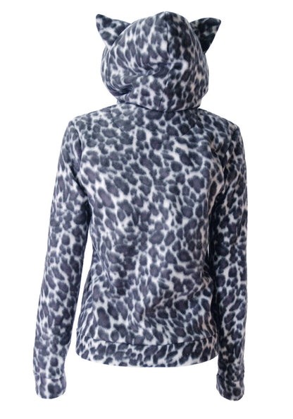 Grå fleece leopard-hettegenser